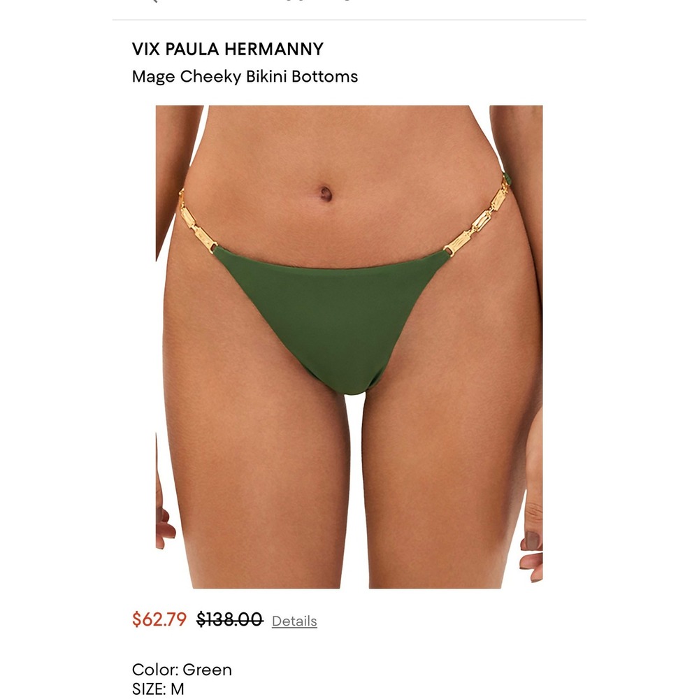 ViX Paula Hermanny Mage Cheeky Bikini Bottoms Green Gold Embellished Medium M